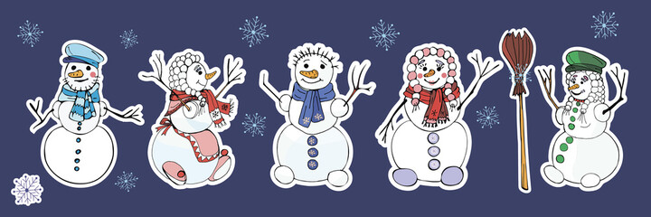 Snowmen, snowflakes	
festive set, isolated vector elements for Christmas and New year decoration, doodle. 
