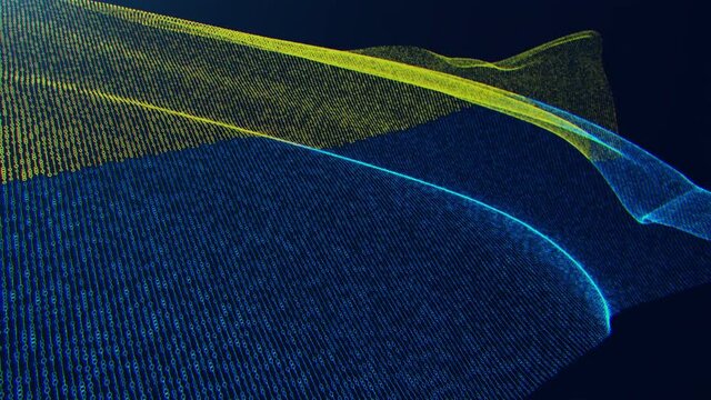 3d render. Ukraine digital flag with binary code texture flies in the wind. Seamless loop.