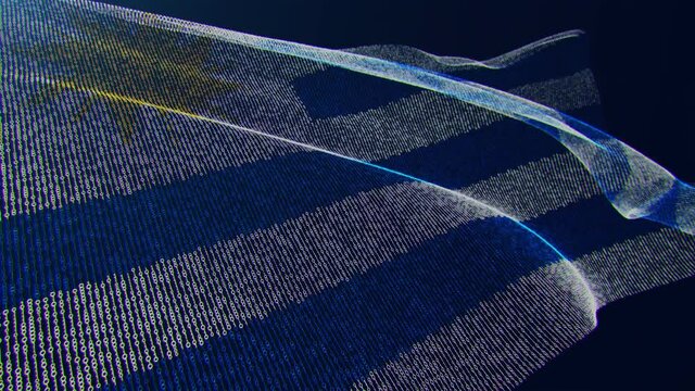 3d render. Uruguay digital flag with binary code texture flies in the wind. Seamless loop.
