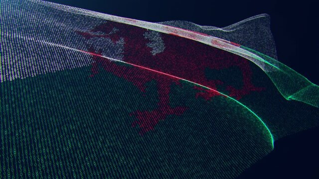 3d render. Wales digital flag with binary code texture flies in the wind. Seamless loop.
