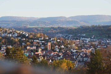 Fototapeta premium Schwäbisch Gmünd Ausblick Panorama Luftbild Lindenturm Herbst