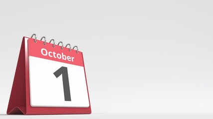 October 1 date on the flip desk calendar page, blank space for user text, 3d animation