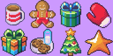 Christmas Pixel Art Icons including gingerbread man, gloves, christmas tree, cookies and milk, gifts and similar items.