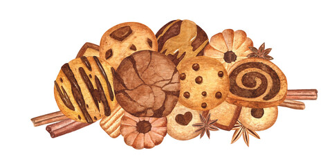 Composition of cookies, shortbread, cinnamon sticks and anise stars on white isolated background.Watercolor hand-drawn illustration-collage. Nice design for cards, merchandise, cafe and kitchen decor.