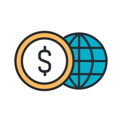 Global money transaction service icon. Flat vector illustration.