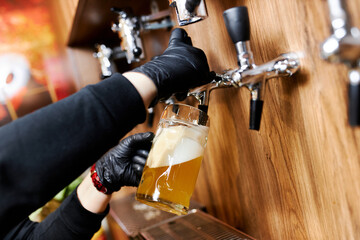 Bartender in black gloves during an epidemic pours light craft beer in a wooden interior