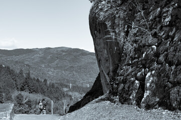 巨岩と山が見える風景