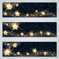 Obraz premium Christmas and New Year vector banner templates collection. Black vector background with stars, glitter effect and snowflakes