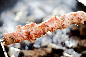 Appetizing meat kebab is fried on hot coals to a beautiful crust.