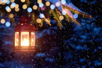Christmas lantern on the tree in the woods. Christmas night © vvlink