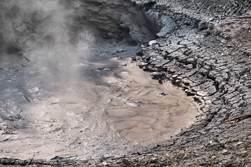 Details of the hot, acidic mud at Yellowstone’s Mud Volcano, bubbling, swirling and gassy. ...