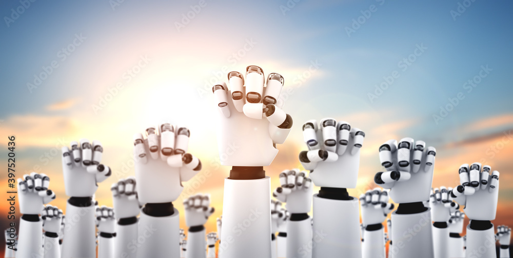 Poster robot humanoid hands up to celebrate success achieved by using ai artificial intelligence thinking a