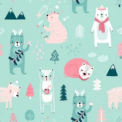Behang Uit de natuur Naadloze patroon met schattige beren. Kinderachtige achtergrond met lieve karakters en andere elementen.