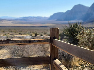 Wooden guardrail at Red Rocks high point overlook Nevada
