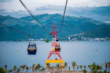 Aerial cable car over ocean in Nha Trang, Vietnam