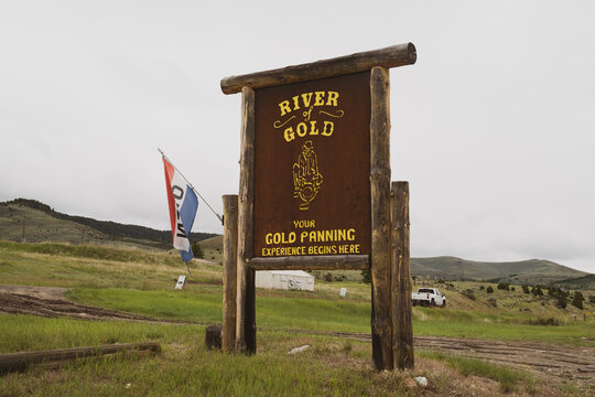 Virginia City, Montana - June 29, 2020: Sign for the tourist attraction - River of Gold, a place for tourist for gold panning