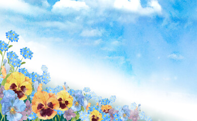 Naklejka premium 春の花畑の風景 水彩イラスト