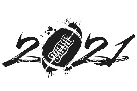 Abstract numbers 2021 and football ball made of blots in grunge style. 2021 New Year on an isolated background. Design pattern. Vector illustration