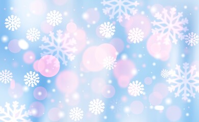 Blue abstract background. white light and snowflakes bokeh winter for Christmas new year blurred beautiful shiny lights use for card banner wallpaper backdrop and your product.