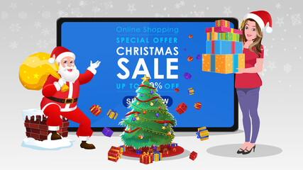 Christmas sale banner illustration with Santa Claus showing Christmas gifts offer mobile phone and tablet. Online business discount template.