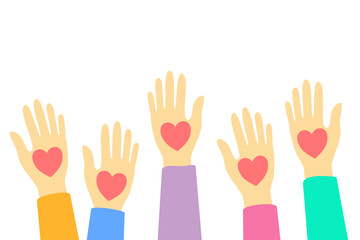 human hands volunteer with hearts isolate on white background.
