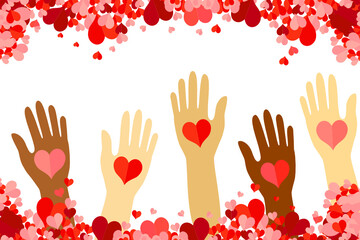 human hands volunteer with hearts isolate on white background.