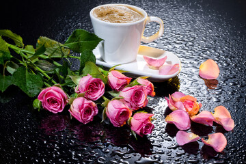 Fototapeta na wymiar Roses And Cup Of Coffee
