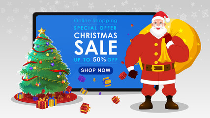 Christmas sale banner illustration with Santa Claus showing Christmas gifts offer mobile phone and tablet. Online business discount template.