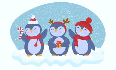 Three happy Christmas penguins