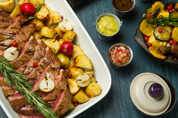 beef stew with dressings and garnishes