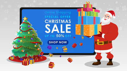 Christmas sale banner illustration with Santa Claus showing Christmas gifts offer mobile phone and tablet. Online business discount template.