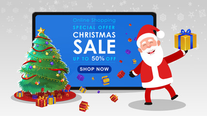 Christmas sale banner illustration with Santa Claus showing Christmas gifts offer mobile phone and tablet. Online business discount template.