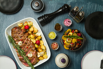 beef stew with dressings and garnishes