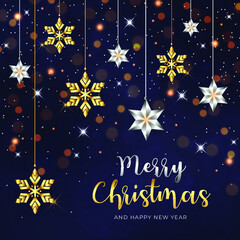 Glowing golden ornaments merry Christmas and happy new year background with balls and stars and bokeh lighting
