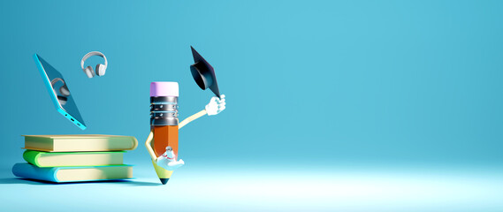 3D Rendering of a pencil, books, mobil, headphone and graduation cap represents academic success by education online on white background. Realistic 3d shapes. Education concept. Come back to school.
