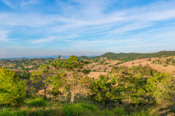 Fototapeta na wymiar Beautiful mountain views in Thailand,View Landscapes nature of hills in bright blue sky day, mountains beautiful in Nakhon Ratchasima, Thailand