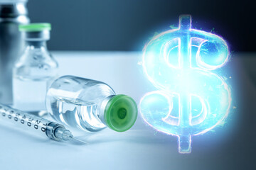 Dollar hologram and medicine in ampoule, cost of medicines, pharmaceuticals.
