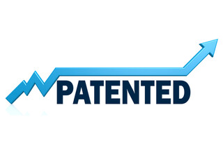 Patented word with blue grow arrow