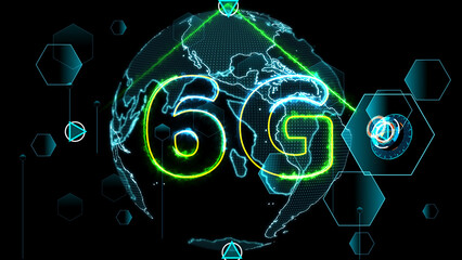 6G network super speed Internet digital world map and quantum satellite