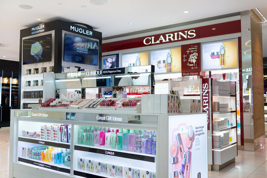 Interior of Perfume and Cosmetics store in Hamad International Airport. Cosmetics are the most accessible product, with counters in upmarket stores across the world. DOHA, QATAR - 31 OCT 2019.