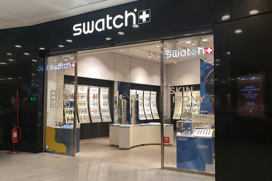 Swatch Store in Milan Malpensa Airport. Swatch is a Swiss watchmaker founded in 1983 by Nicolas Hayek and a subsidiary of The Swatch Group. Milan, Italy - 30 OCT 2019.