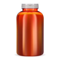 Supplement bottle. Orange plastic vitamin pill jar. Isolated 3d container blank for medical capsule or tablet. Pharmaceutical medicine package design template on white background. Drug product