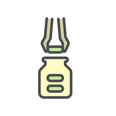 Pharmaceutical and supplement manufacturing industry vector icon. Consist of tweezer filling capsule of drug or medical product in bottle packaging. For healthcare, medical and remedy design element.