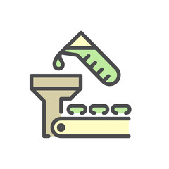 Pharmaceutical, nutraceutical, cleaning product and supplement manufacturing production industry vector icon. That industrial process. Consist of capsule product, production line, automation machine.