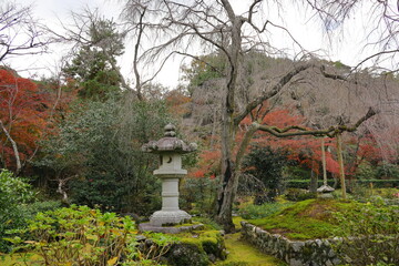 日本の庭　灯篭と紅葉