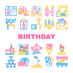 Fototapeta na wymiar Birthday Event Party Collection Icons Set Vector
