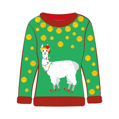 Christmas party ugly sweater with llama vector illustration