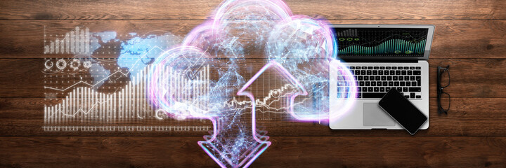 cloud technologies, Financial chart hologram, graph on office laptop top view. Concept for analytics, business, banking and accounting, investment. Mixed media.