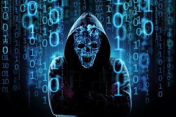 Concept for hacker, internet criminals, cyber attack. a hologram of numbers and an image of a skull...