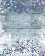 Frozen Wood Background Decorated with Snowflake Wreath on Top and Bottom. Great for New Year, Christmas, and Winter Holiday Decoration.